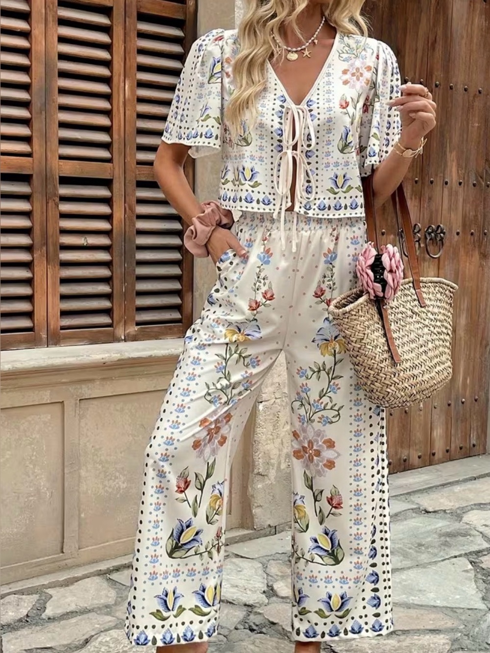 Floral Tie-Front Cream Jumpsuit